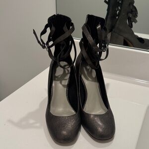 1. State Women's Strappy Ankle Wrap Heels in Pewter